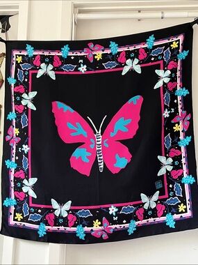 Very Vollbrach Silk Scarf Large Butterfly Floral Black Pink Blue Designer  Scarf